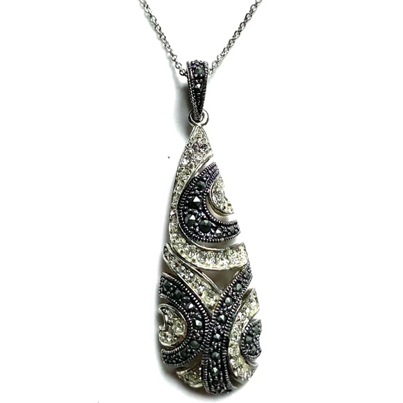 Sterling Silver, Marcasite & Crystal Teardrop Necklace - Picture 1 of 7